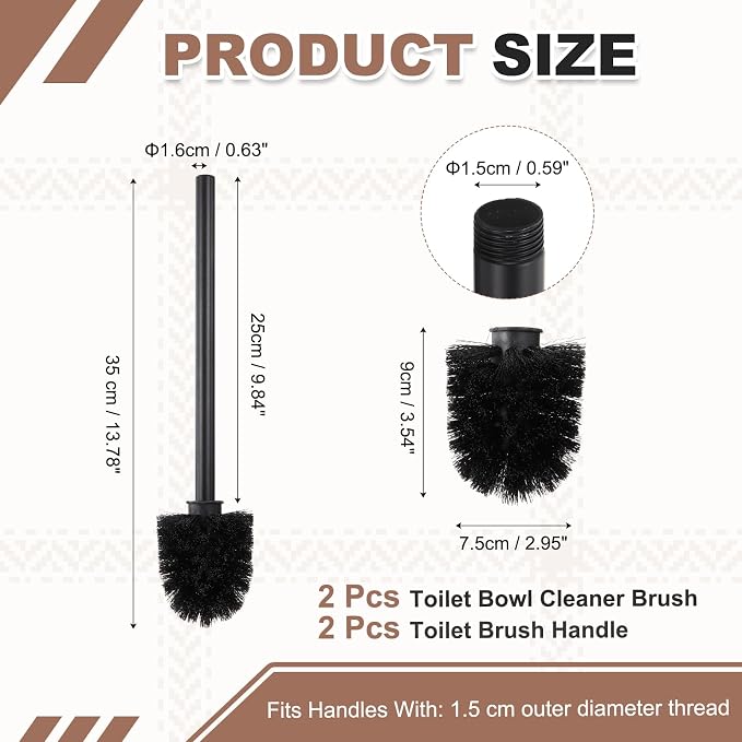 uxcell 2 Pcs Toilet Brush Set Replacement Head, 9.8 Inch Toilet Brush Refills with Handle, Bathroom Cleaning Tool Restroom Accessories for Bathtubs Bathroom Home Apartments Office, Black