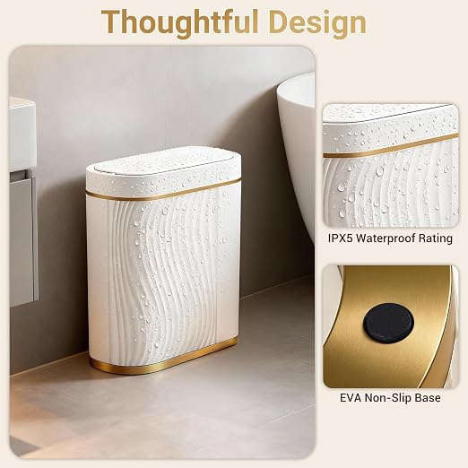 FreSup Motion Sensor Bathroom Trash Can with Lid, Automatic Small Trash Bin | IPX5 Waterproof, Aesthetic, Whisper Quiet, Slim Garbage Can for Bedroom, Restroom, Office, Smart White and Gold WasteBasket
