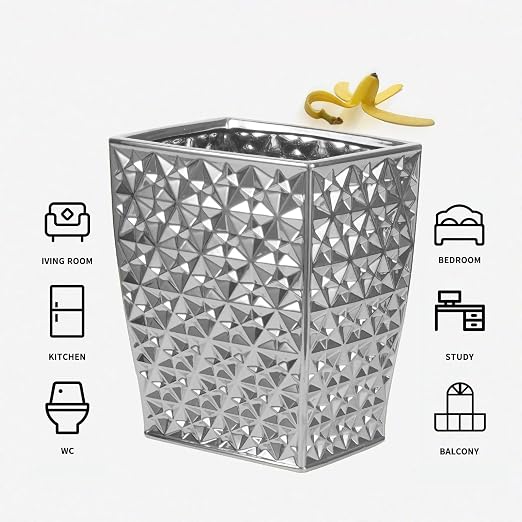 Ceramic Rectangular Small Trash Can - Wastebasket, Garbage Container Bin for Bathroom, Bedroom, Kitchen, Home Office, and Kids Room, Holds Waste, Recycling - Silver | Garbage Container Bin for Bathroom, Bedroom, Kitchen, Home Office, and Kids Room, Hol...