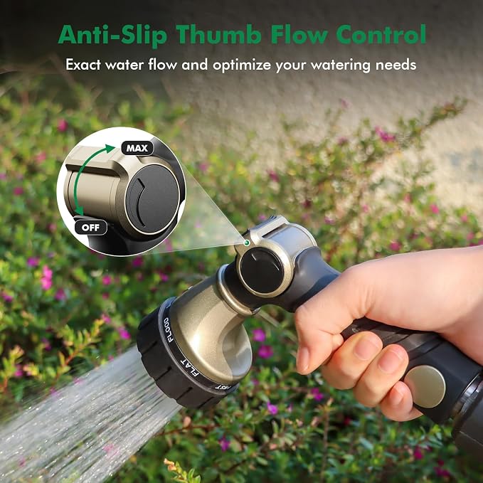RESTMO Heavy Duty Hose Nozzle, Metal Garden Water Hose Sprayer | 7 Watering Patterns, Thumb Control, On Off Valve, Leak Proof Nozzle Sprayer for Watering Plants, Car & Pet Washing, Bronze