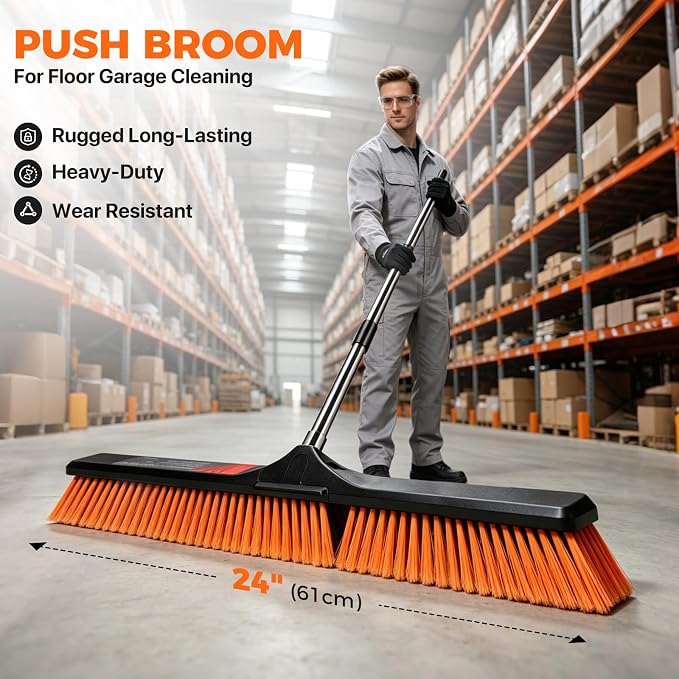 24" Push Broom, Heavy Duty Outdoor Commercial Broom for Cleaning, Orange | Industrial Broom with 55" Long Handle Stiff Bristles, Garden Brush Broom for Driveway Garage Yard Warehouse Floor Cleaning