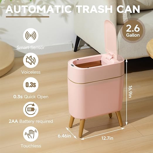 Automatic Bathroom Trash Can,Tall Slim Sensor Waste Basket,Pink Gold | 2.6 Gallon Waterproof Motion Sensor Trash Can, Small Garbage bin for Bedroom,Office,Living Room,Kitchen,RV,Restroom,Laundry