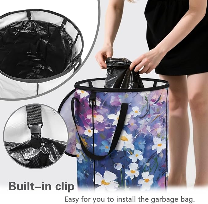 Watercolor Daisy Collapsible Trash Can 24 Gallon Waterproof Pop-Up Bin with Zipper Lid Reusable Heavy-Duty Outdoor Garbage Can for Patio Backyard Folds Flat Camping Essentials