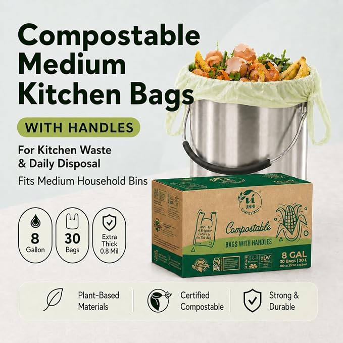 UNNI 8 Gallon Compostable Bags with Easy-Tie Handles, 30 Liter, 60 Count | Medium Compost Bags for Food Scrap Bins & Organic Kitchen Waste, 2 Packs of 30, Certified by BPI, CMA & OK compost HOME