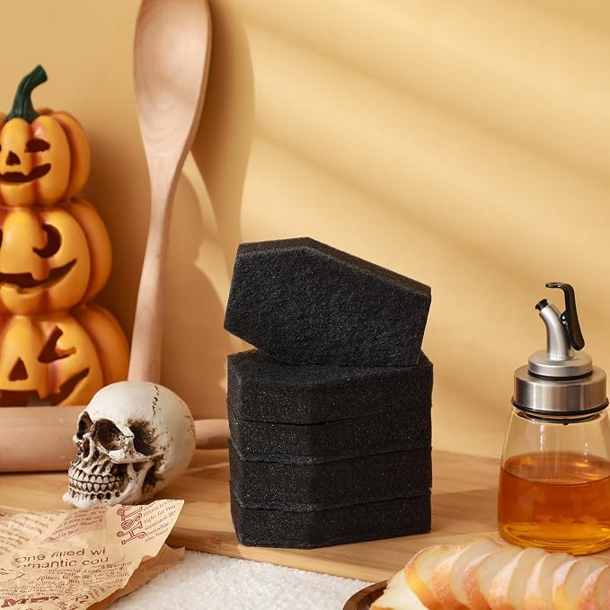 Tioncy 12 Pack Halloween Coffin Kitchen Sponges, Black | Dual Sided Scrubber, Gothic Halloween Decor, Reusable Non Scratch Dishwashing, for Cookware Pot Boiler Pan Household