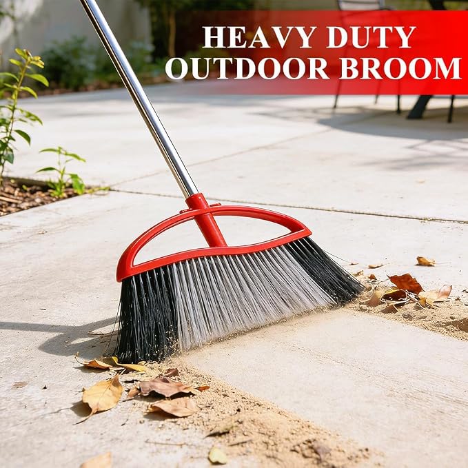 2-Pack Outdoor Broom, 15.7" Wide Angle Head for Garden, Yard | Wide Broom Covers More Area, Adjustable 38-53.5" Handle ( Black & Red )