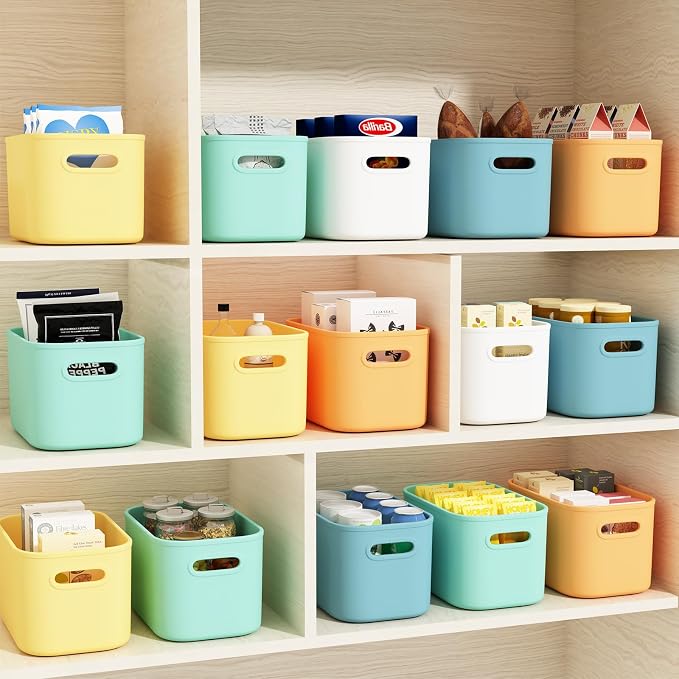 ORGIDOL 10 Pack Colorful Plastic Storage Bins, Storage Container for Organizing, Colored Storage Boxes with Handle for Shelves, Cute Organizer Bins for Craft, Snacks, Cabinet, 9.69x6.7x5.7 inch