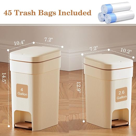 Small Bathroom Trash Can with Lid Slim Step Garbage Can 2.6 Gallon Cream | Stylish Decor Soft Close Trash Bin Plastic Wastebasket with Trash Bags for Kitchen Bedroom Office Living Room Toilet College
