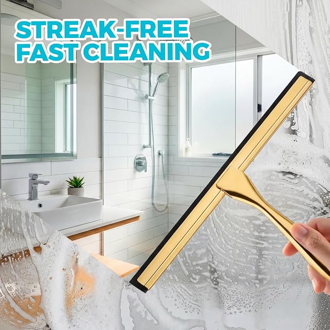2pcs Shower Squeegee for Glass Doors with Adhesive Hanging Hook Set | 10” Gold, Bathroom Accessories, Window Cleaner, New Home Essentials, Soft Rubber Blade, Metal Handle, Ergonomic Grip