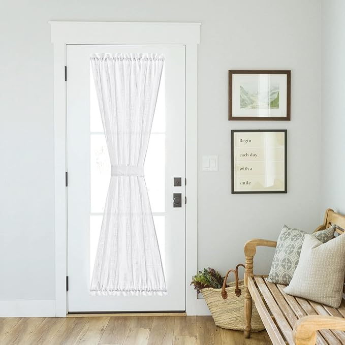 NICETOWN French Door Curtain Panel Linen Look Classroom Window Shade | Sidelight Filtering 72 Inches White Sheer Curtains for Front Doors with Tieback, 36 Inches Wide, Sold in 1 PC