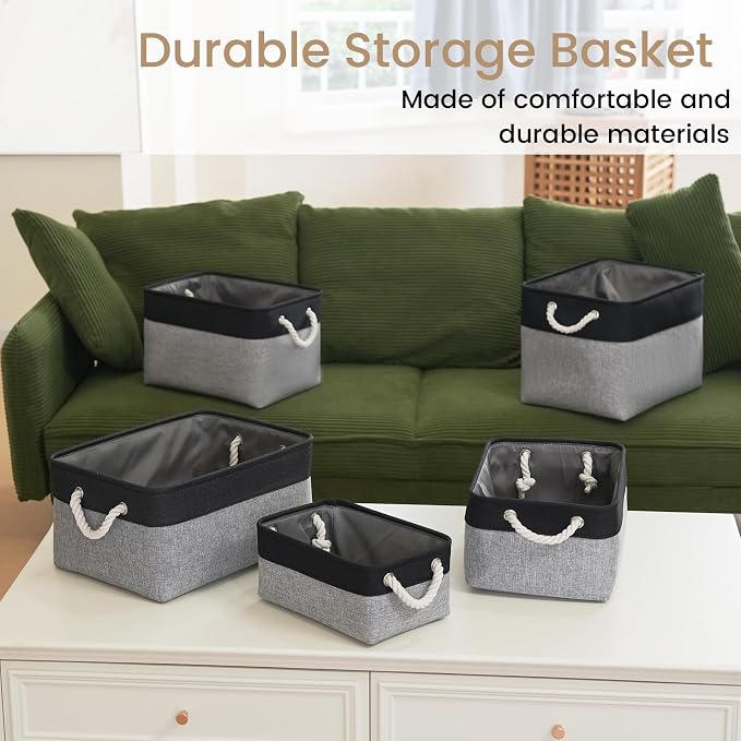 11.8x7.9x5.2 Inch Fabric Small Storage Bins with Handles 3 Pack | Foldable Storage Basket, Sturdy Metal Strand, Cardboard Support Molding, Small Baskets for Organizing, Shelves, Black/Gray