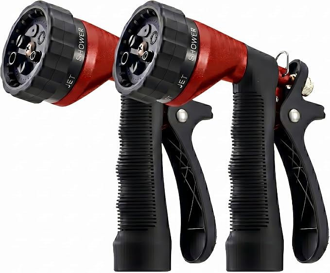 Water Hose Nozzle 2-Pack, Zinc Alloy Garden Spray Nozzle with Adjustable Spray Patterns, Leakproof Rustproof Trigger Lock for Outdoor Cleaning & Car Wash, Red & Red