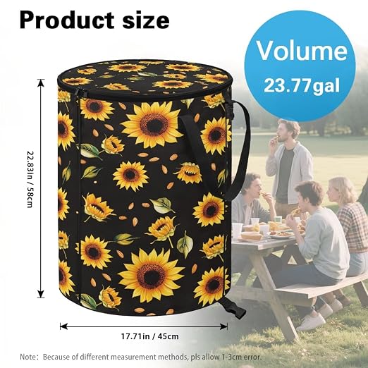 BIGCARJOB Sunflower Collapsible Trash Can Portable Tall Trash Can Oval Recycling Bin 22.83x17.71 Outside Garbage Bin Storage Bag with Clip and Zipper Lid