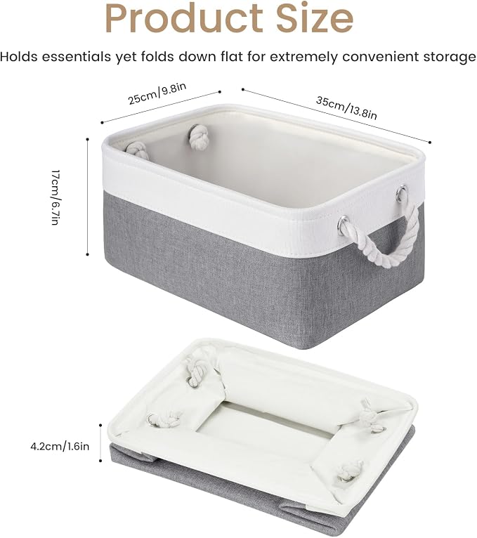 13.8x9.8x6.7 Inch Fabric Small Storage Bins with Handles 6 Pack | Foldable Storage Basket, Sturdy Metal Strand, Cardboard Support Molding, Small Baskets for Organizing, Shelves, White/Gray