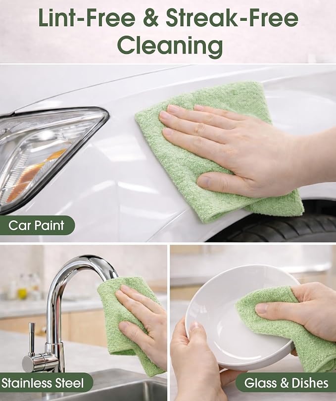 Reusable Microfiber Cloth Roll - 100 Pack, 12"x12" Washable Tear-Away Towels. Fits Paper Towel Holders. Lint-Free & Streak-Free Rags for Kitchen, Glass, Cars, Electronics (Pea Green)
