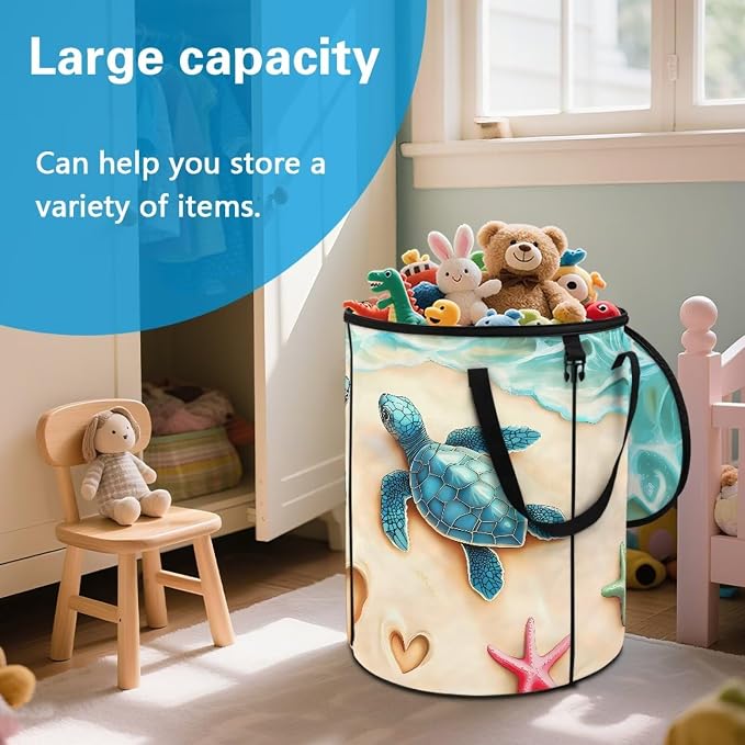Beach Turtle Collapsible Recycling Bin 24Gal - Compost Waste Container w/Sorting Clips & Lid | Waterproof Pop-Up Design for Lawn, Camping, Yard Waste Gifts for Outdoor Workers