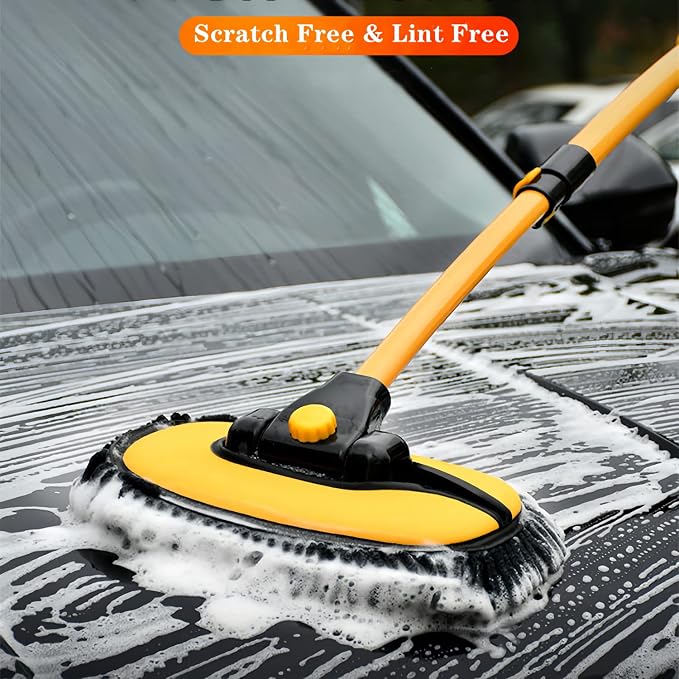 MVEQRRN 15°Curved Chenille Car Wash Brush Mop with Long Handle(Yellow) | No Scratch Car Wash Brush, Car Cleaning Brush with Extension Pole,Microfiber car wash mop,Car Wash for cars, trucks,home