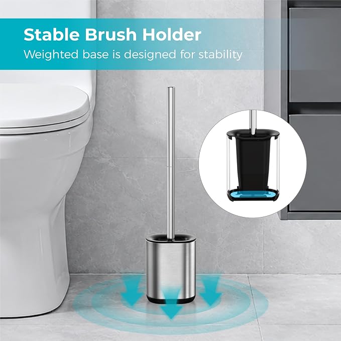 Sineng Silicone Toilet Brush, Stainless Steel Toilet Bowl Cleaner Brush | Long Handle and Flexible Bristles, Compact Toilet Bowl Brush with Weighted Base for Modern Bathroom RV Dorms
