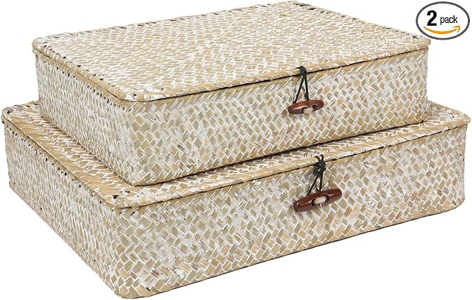 Set of 2 Flat Seagrass Storage Bins with Lid Wicker Storage Baskets for Organizing, Woven Shelf Organizer Bins Home Utility Organizer Box for Home & Office Supplies