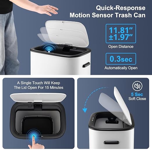 TrailBlaze Motion Sensor Trash Can, 14.5 Gal / 55 L Automatic Garbage Can with Soft-Close Lid and Handle, Touchless Rectangle Waste Basket for Kitchen, Bathroom, Bedroom, White(Without Inner Bucket)
