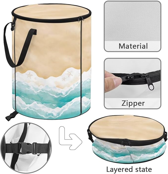 Collapsible Trash Can with Lid and Handle, Sandy Beach Print 24 Gallon Large Capacity Camping Trash Can Outdoor Picnics Stand-up Waster Bag Garden Leaf Bin