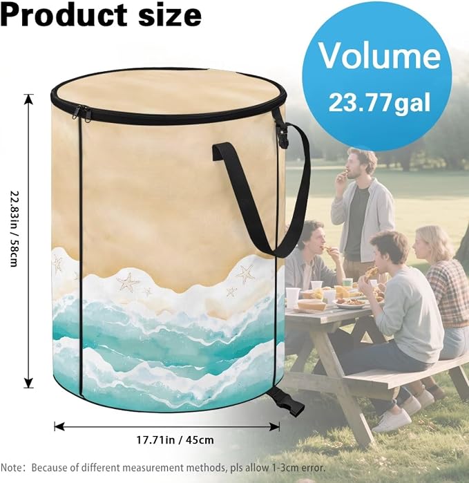 Collapsible Trash Can with Lid and Handle, Sandy Beach Print 24 Gallon Large Capacity Camping Trash Can Outdoor Picnics Stand-up Waster Bag Garden Leaf Bin