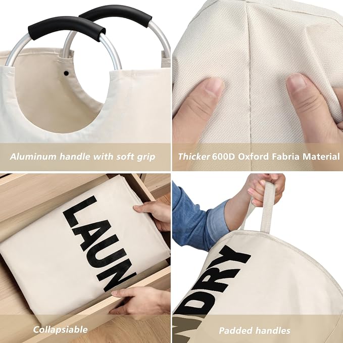 Maxsilan 125L X-Large Laundry Basket Bag, Collapsible Tall Hamper, Beige | Freestanding tall laundry bag & foldable washing basket. Extra large clothes storage bin with durable sturdy handles