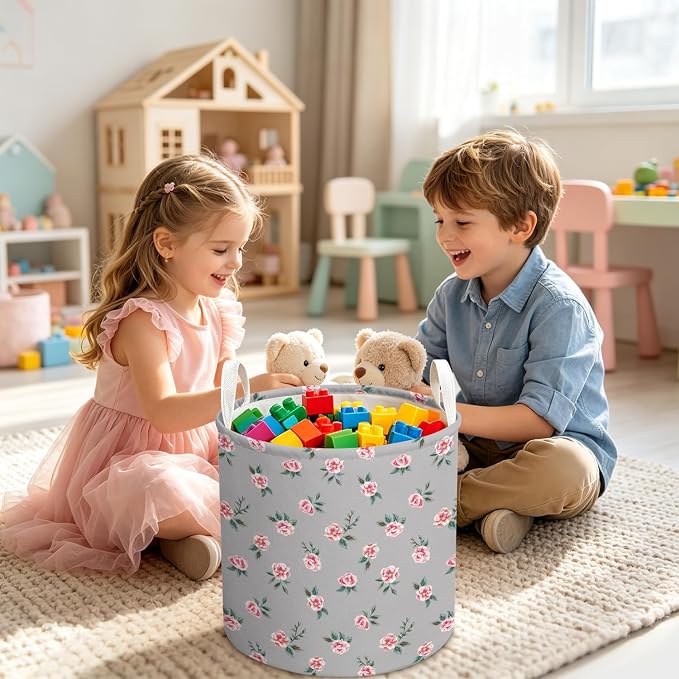 Pink Rose Kids Laundry Basket Foldable Hamper with Handles | Laundry Hamper Cute Nursery Storage Bin Baby Hamper for Girls Boys Bedroom Dorm Laundry Room Collapsible Toy Organizer