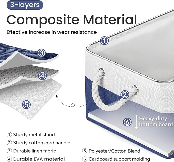 15.7x11.8x8.26 Inch Fabric Large Storage Bins with Handles 6 Pack | Foldable, Sturdy Metal Strand, Cardboard Support Molding, Fabric Storage Baskets for Shelves, Closet, Bedroom, White/Blue