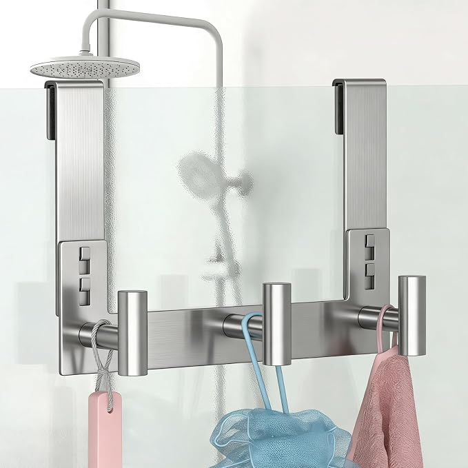 PMMASTO Long Shower Hanger for 3/8 Inch Glass, Silver- 3 Hooks, T Shape | Stainless Steel Hooks Organize Towels And Robes on Frameless Glass Shower Doors in Bathrooms