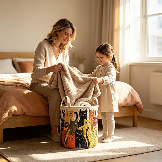 Quilted Laundry Basket, Cat Design Foldable Organizer Bin with Handles | Clothes Hamper Storage Basket, Laundry Storage Bag, for Bathroom Dorm Apartment Nursery Home