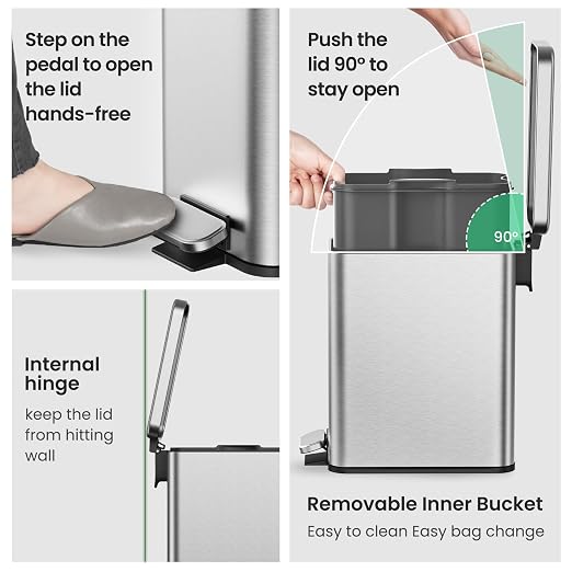 Cesun 2.6 Gallons Small Bathroom Trash Can with Lid Soft Close, Silver | Removable Inner Bucket, Small Stainless Steel Garbage Can for Bedroom/Office, Hands-Free Step Pedal, Fingerprint-Resistant