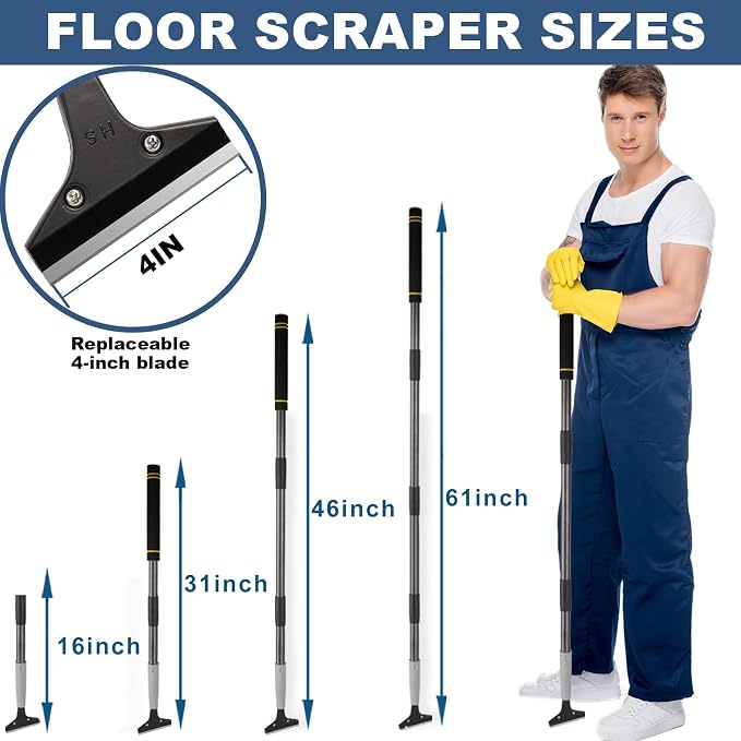 Floor Scraper Long Handle, 31" to 61" Gum Scraper Tool for Floor Cleaning Tile Wall Gum Paint with 4 inch Scraper Blade Long Handle Sturdy and Durable (31“-61”)