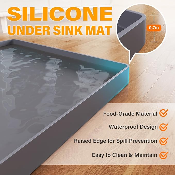 FLATO Waterproof Under Sink Mat, 40" x 19", Light Gray | Shelf Liner for Kitchen and Bathroom, Cabinet Protector, Organizers and Storage, Flexible Silicone Drip Tray