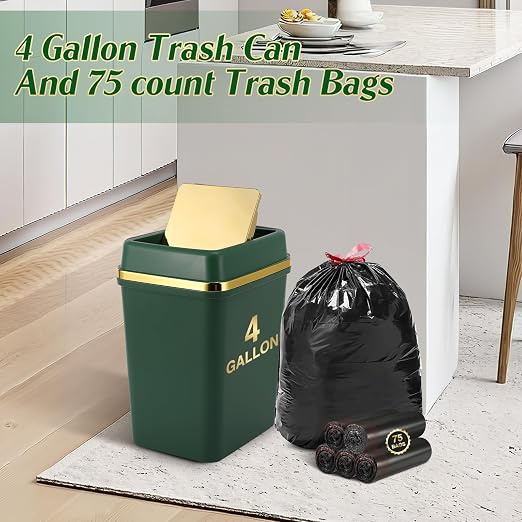 3 Pack Bathroom Trash Can with Lid 4 Gallon Small Trash Can with Swing Lid Bathroom Garbage Can with 225 Counts Trash Bags for Kitchen Bedroom Office(Black Navy Blue Dark Green)