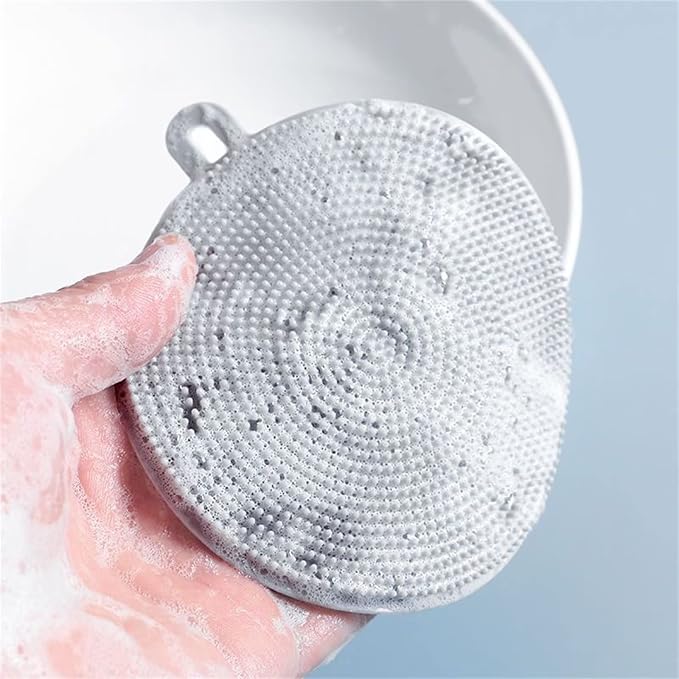 4PCS Silicone Dish Scrubber, Multipurpose Round Silicone Sponges Reusable Dish Brush Dish Brush for Kitchen Dish Dishes Fruits Vegetables(White)