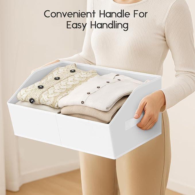 Large Closet Organizers and Storage Bins - 8 Pack Trapezoid Storage Baskets for Shelves, Foldable Fabric Baskets with Handles Ideal for Closet, Basket, Wardrobe and Shelf Storage, White