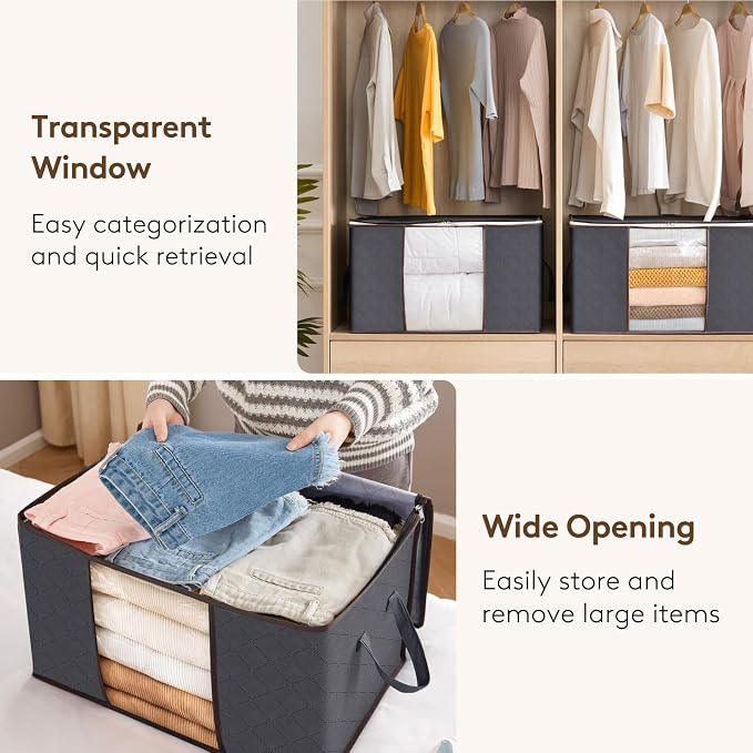 Lifewit 4 Pack 90L Clothes Storage Bins with Lids, Foldable Blanket Storage Bags with Zippers, Clear Window and Reinforced Handles, Closet and Organization for Clothing, Sweater, Comforter, Bedding