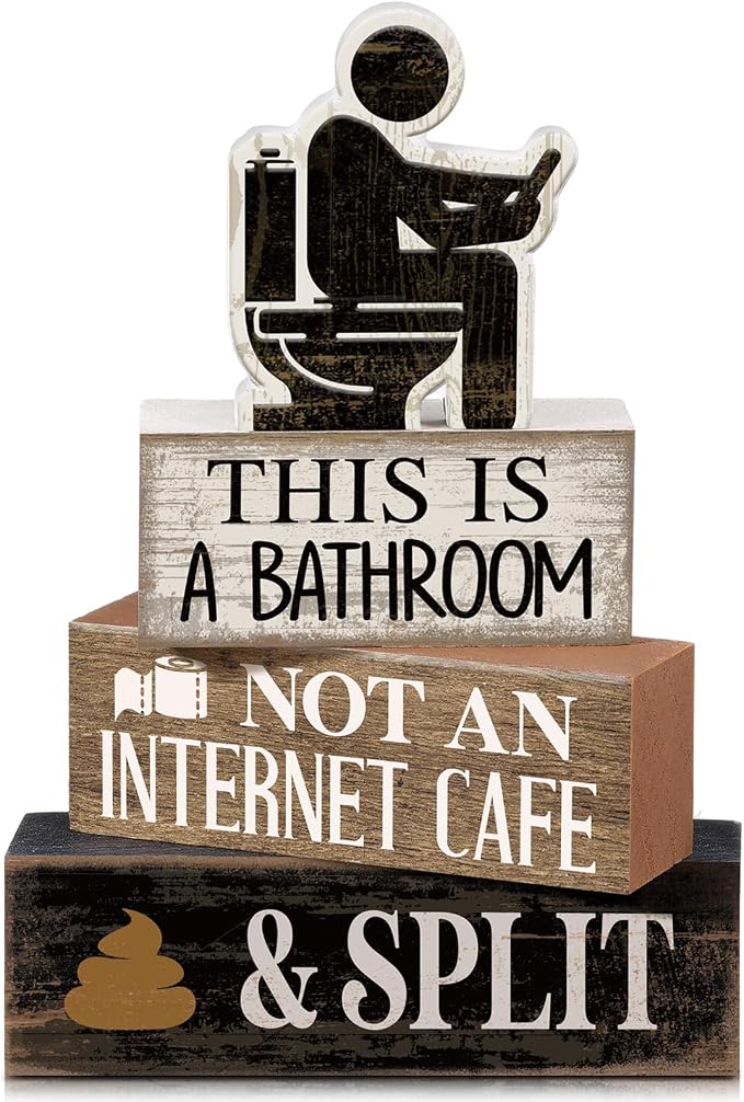 Moucuny 4 Pcs Funny Bathroom Sign, This Is A Bathroom Not An Internet Cafe | Humorous Bathroom Shelf Decor, Farmhouse Rustic Wood, Tiered Tray Accessories, Toilet Humor Conversation Piece