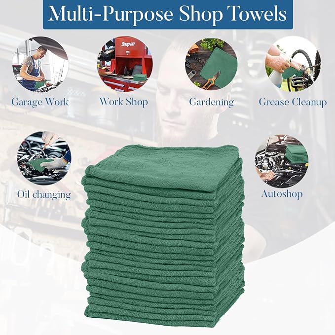 DAN RIVER Shop Towels 12x14 inc 50 Pack Green Terry Cloth Rags | Washcloths for Cleaning Cars & Household Surfaces Well Absorbent, Reusable Cleaning Rags Washable 60% Cotton 40% Polyester
