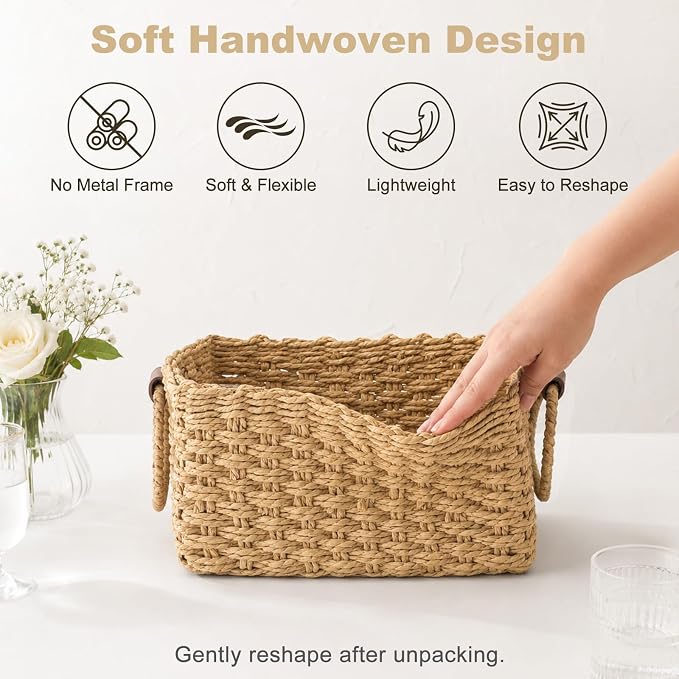 Paper Rope Storage Baskets Set of 3, Handwoven Decorative Wicker Organizer Bins with Handles for Shelves, Bathroom, Closet & Pantry, Soft Woven Nesting Storage Basket Set (Khaki)