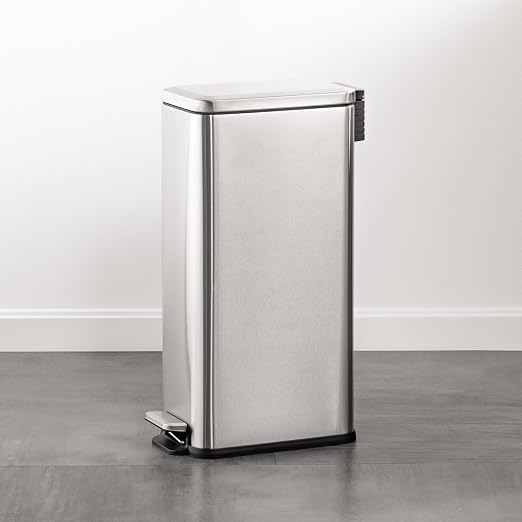 mDesign Slim Metal Rectangle 7.9 Gallon Trash Can with Step Pedal, Easy-Close Lid, Removable Liner - Narrow Wastebasket Garbage Container Bin for Bathroom, Bedroom, Kitchen, Office - Brushed Chrome