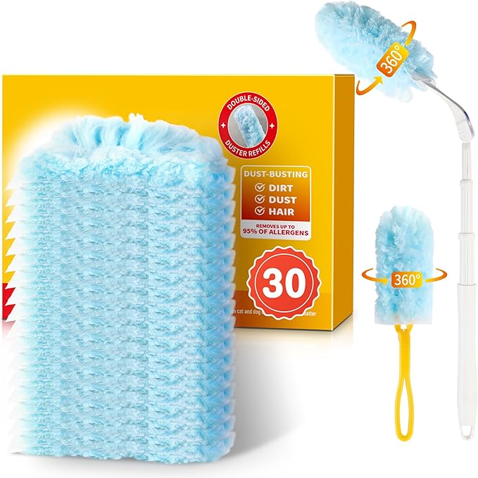 Duster Refills for Swiffer Duster with 3ft Extension Pole & Short Grip 30ct | Heavy Duty 360° Disposable Dusters, Multi Surface Dusters for Cleaning Ceiling Fans, Furniture, Blinds & Hard-to-Reach Areas