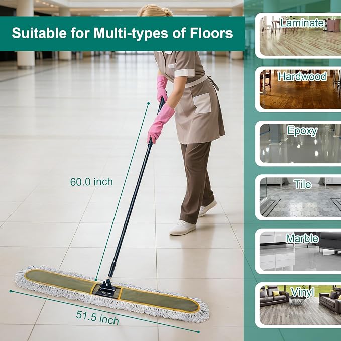 KeFanta 48" Commercial Dust Mop for Floor Cleaning,Heavy Duty Floor Duster | with 2 Replacement Mop Heads,Large Industrial Wet Dry Sweeper Broom for Hardwood Floors,Tile,Concrete,Laminate,Garage,Marble