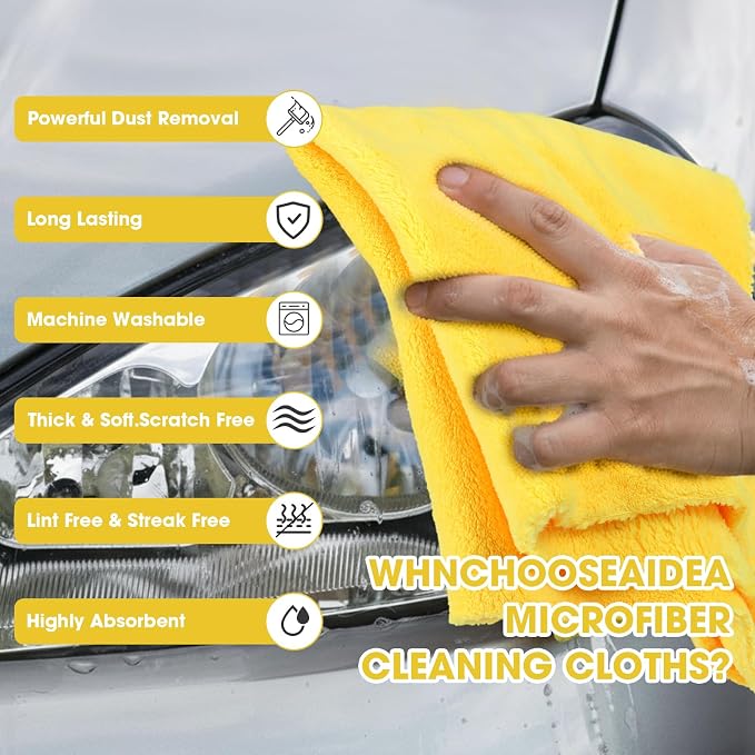 Shimeyao 30 Pcs 16 x 16 Inch Edgeless Microfiber Plush Towels for Cars Detailing Drying Wash Polishing Absorbent Cleaning Cloths, 500 GSM (Black, Yellow)