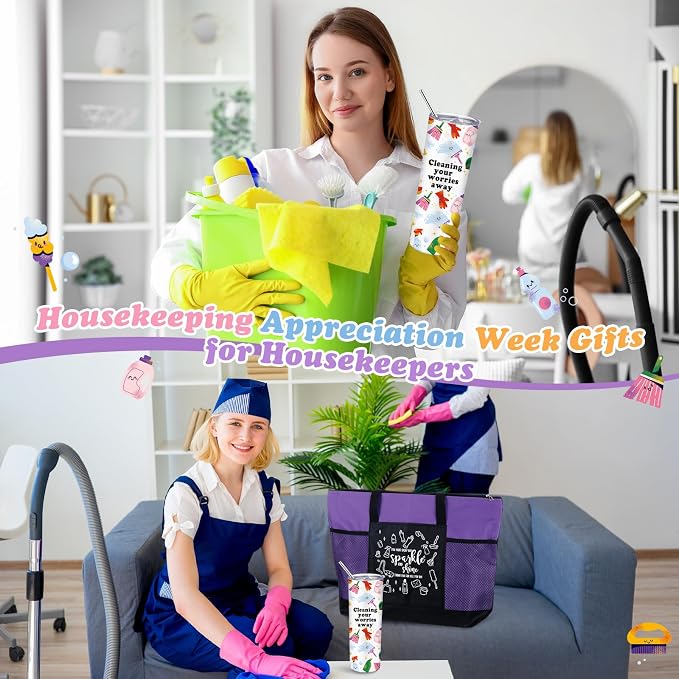 Sieral Housekeeping EVS Week Appreciation Gift, Housekeeper, Purple | Insulated Tumbler 20oz & Large Tote Bag Set for Women Custodian School Healthcare Cleaning Crew House Cleaner Maid Janitor