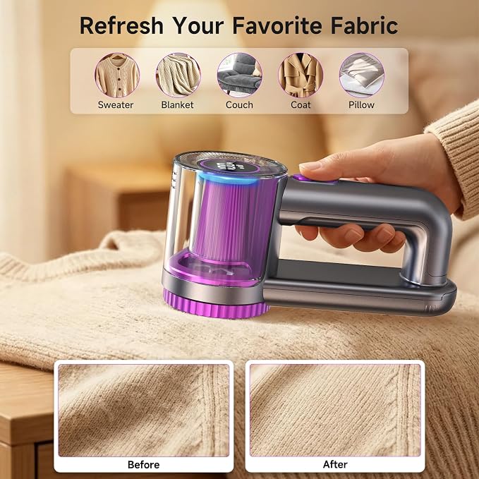 Fabric Shaver Rechargeable, 3-Speed Sweater Shaver for Clothes & Furniture | 6-Blade System, LED Display, Lint Container & Built-In Lint Brush for Sweaters, Couches, Blankets, Furniture & Upholstery