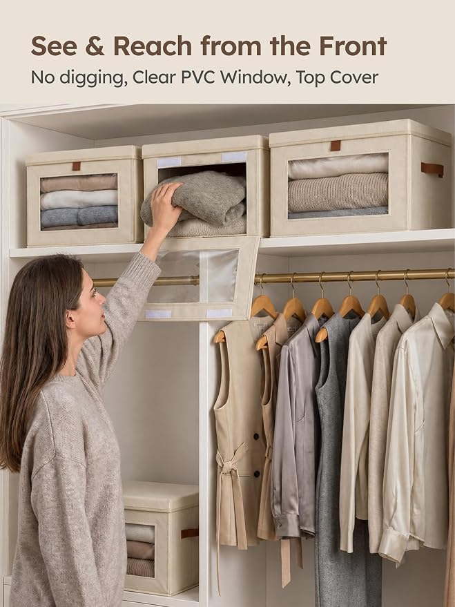 Homsorout Large Closet Storage Organizer - Clothes Storage Bins with Handles & Window, Collapsible Decorative Boxes with Lids, Fabric Containers for Living Room, Dorm, 5 Pack, Beige
