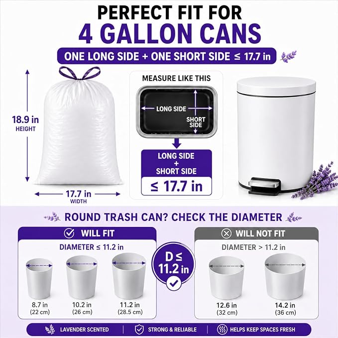 4 Gallon Trash Bags, 200 Count, Lavender Scented Drawstring Bags | White Small Garbage Bags for Bathroom, Bedroom, Office and Wastebaskets, Bulk Value Pack for Small 4 Gallon Trash Cans