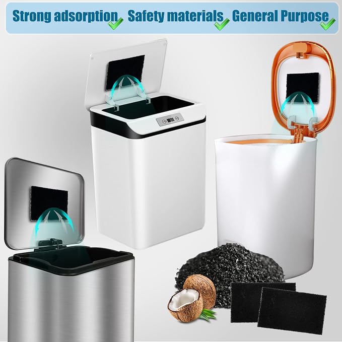 12 Pack Universal Stick-on Trash Can Odor Absorbing Filters Refills | Activated Charcoal Purifying Deodorizer for Trash Cans, Compost Bucket, Countertop and Recycle Bin (Rectangle), Odor Absorber